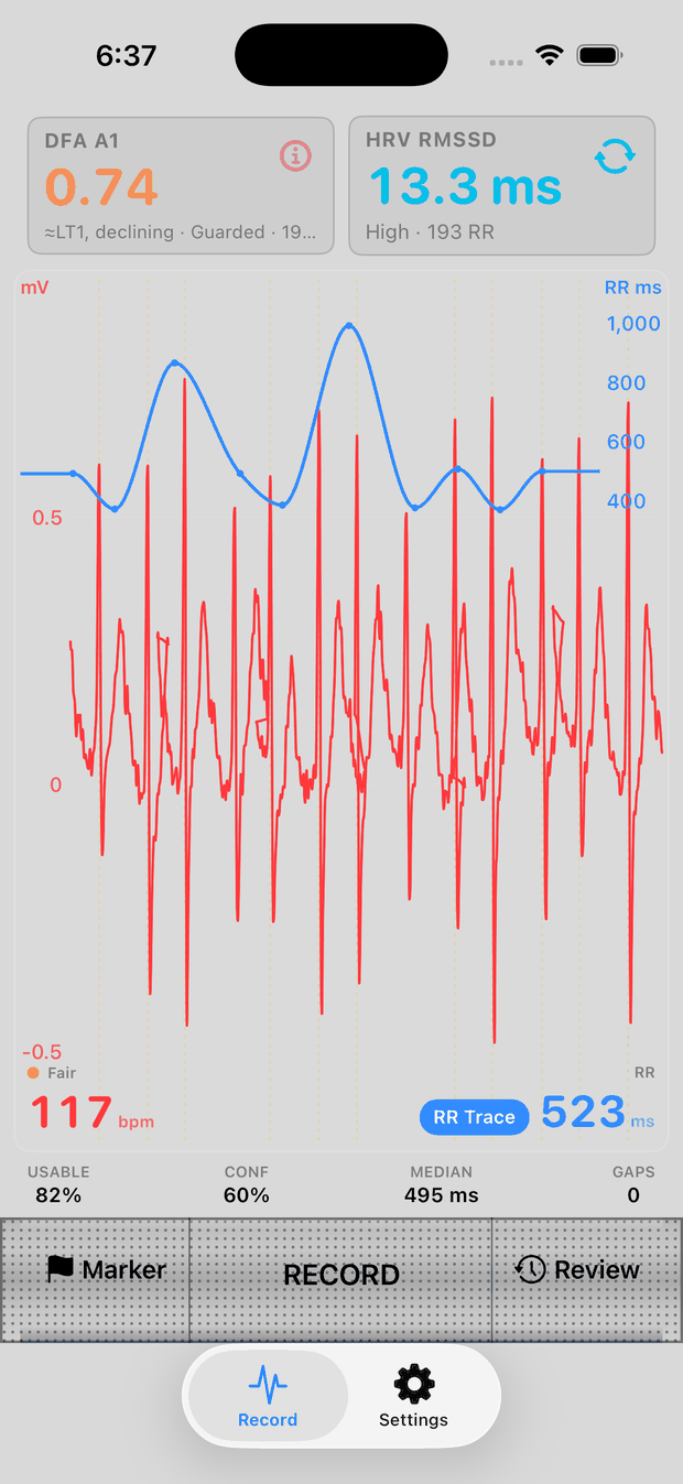 The live screen: DFA alpha-1 at 0.74 and HRV RMSSD at 13.3 ms above a running ECG trace
